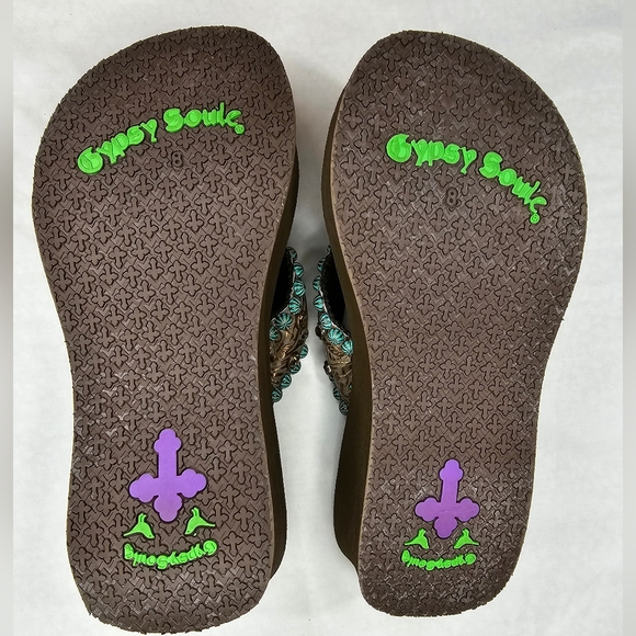 GYPSY SOULE Brown Flip-flops Turquois Copper Crystal Rhinestone Metallic size 8 - Picture 2 of 11